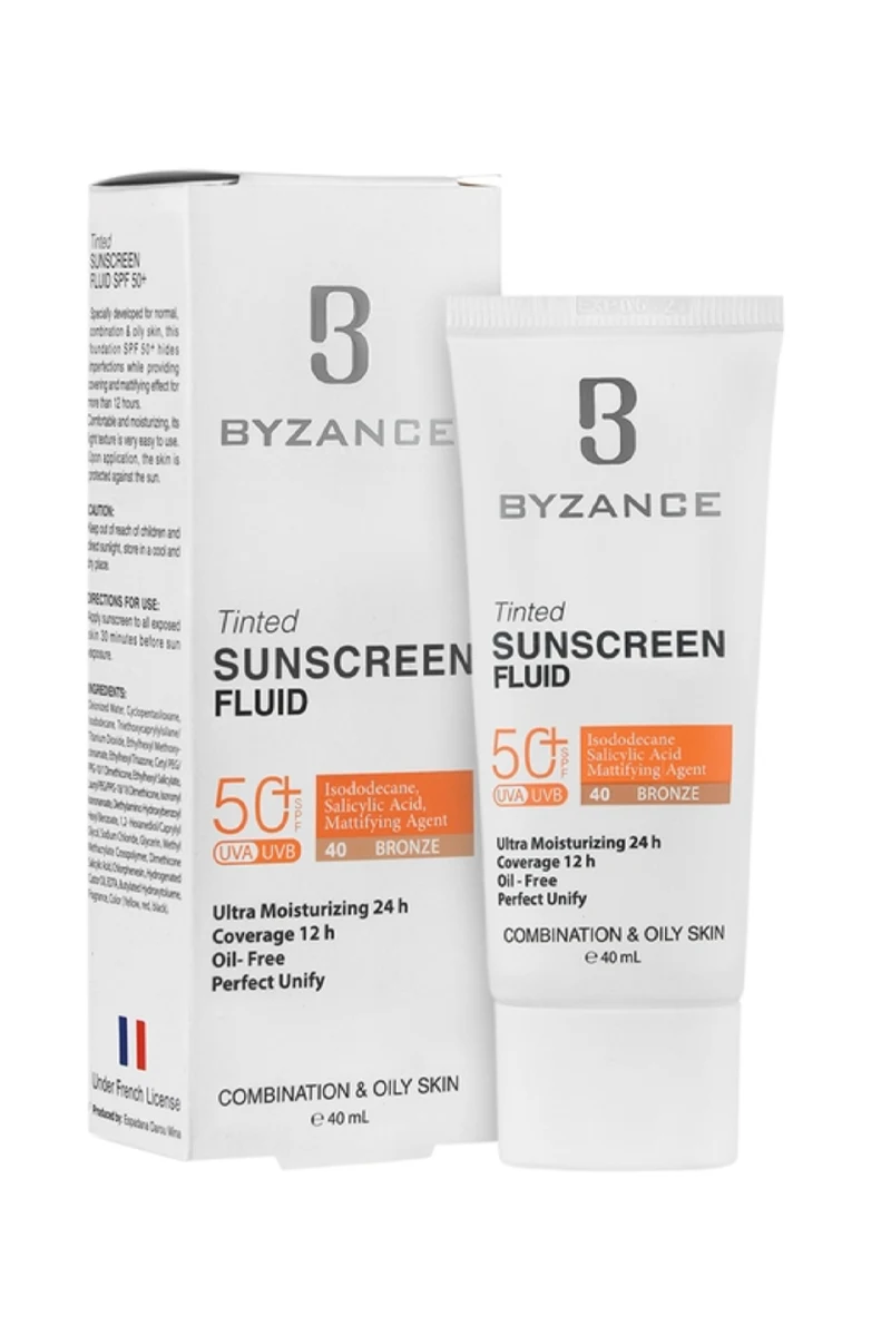 فلوئید ضد آفتاب رنگی و ضدجوش بیزانس SPF50 - پوست چرب و مختلط